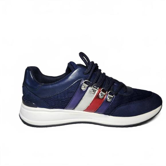 Tommy Hilfiger Women's Navy Blue Sneakers with Red, Silver, and Purple Stripes - Picture 6 of 9